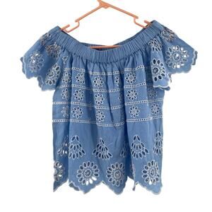 MUD PIE Blouse Size Extra Small Top Eyelet Baby Blue Off Shoulder 100% Cotton